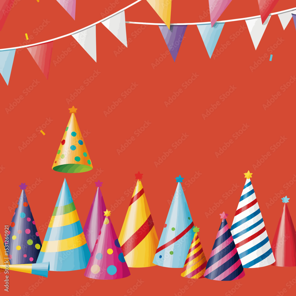 Fototapeta premium Colorful-Party-Hats-and-Bunting-on-Dark-Background-Fun-Celebration-Festive-Decoration-for-Birthday-Anniversary-or-Holiday-Event-Vector-Illustration