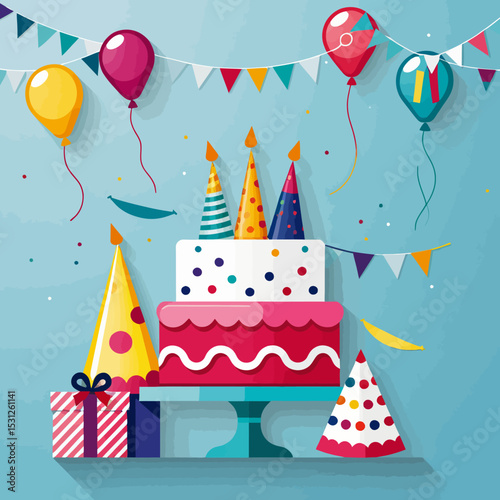 Colorful-Birthday-Party-Illustration-Cake-Balloons-Garlands-Hats-Gifts-Celebration-Festive-Occasion-Fun-Cheerful-Decorations-Joyful-Event-Design
Birthday Celebration with Cake Balloons Party Hats