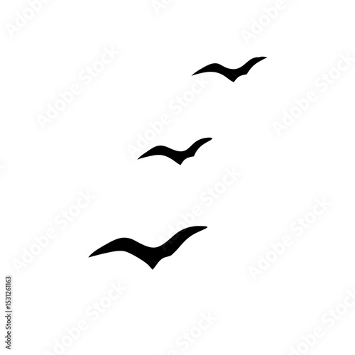 Silhouette of a flock of seagulls flying against a plain background.



