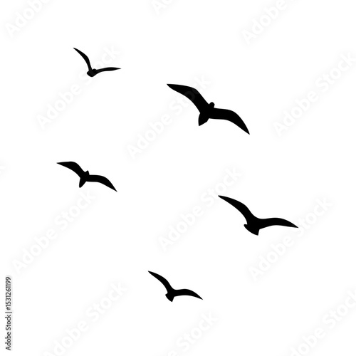 Silhouette of a flock of seagulls flying against a plain background.



