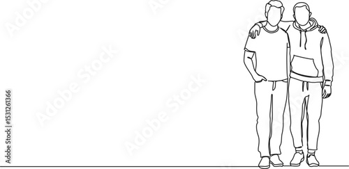 continuous single line drawing of two male friends placing arms around each others shoulders, line art vector illustration