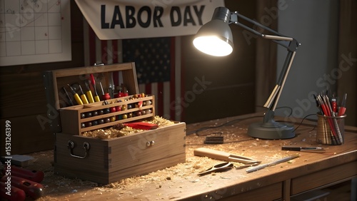 Celebrating Labor Day A craftsman s toolbox filled with tools ready for a project under the bright desk lamp and banner