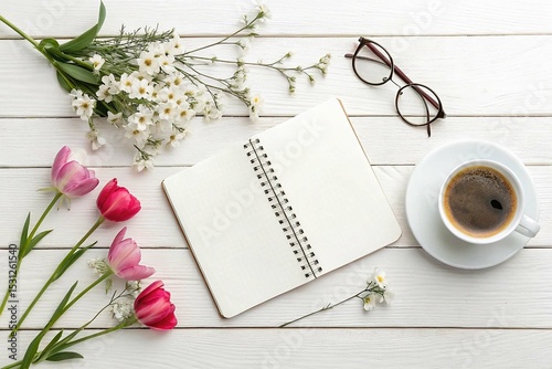 White Blank Notebook Flatlay with Coffee, Glasses, and Flowers on Wooden Table on White Background