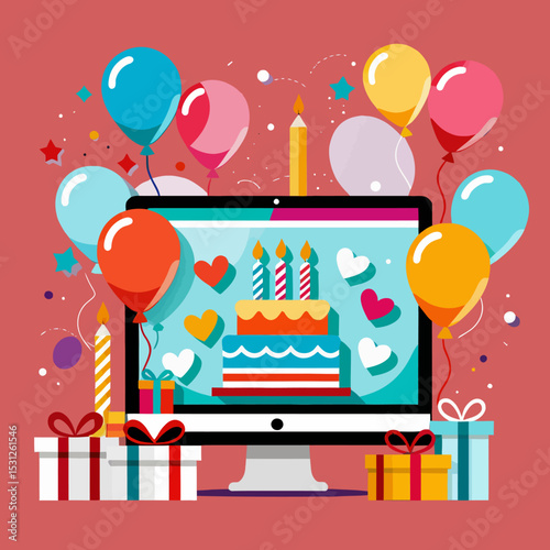Online-Birthday-Party-Celebration-Illustration-Virtual-Celebration-with-Balloons-Cake-Gifts-on-Computer-Screen-Colorful-Celebration-Graphics