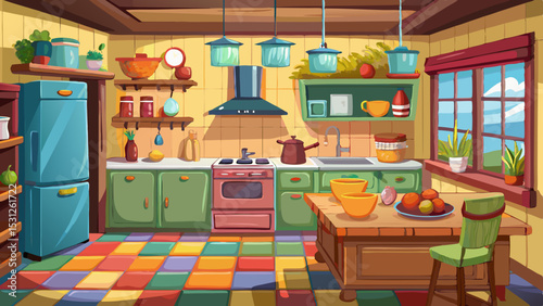 Colorful cartoon kitchen with green cabinets, tiled floor, wooden table, utensils, food items and a bright window view