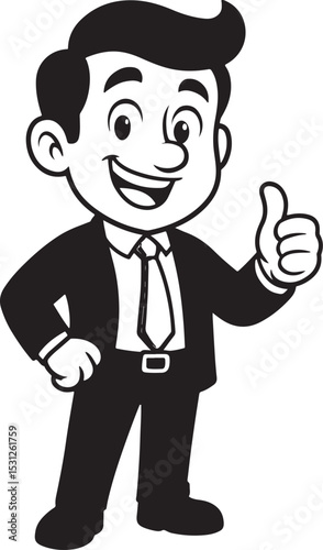 Businessman Cartoon Character Giving Thumbs Up | Black and White Vector Mascot Illustration