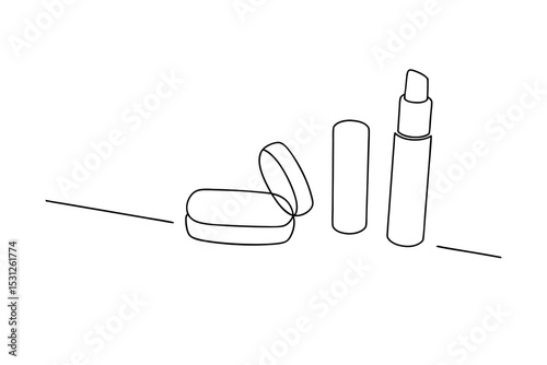 Simple line drawing of lipstick and compact makeup
