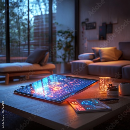 Futuristic Tablet Displaying Digital Cityscape on a Modern Living Room Coffee Table
