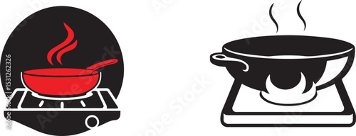 Pictogram of hot frying pan on induction stove. Frying Flat Icon. Flat Design Vector Illustration.