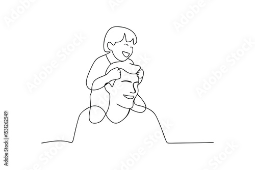Happy father and son line drawing child on dad's shoulders