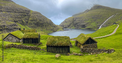 Grass-roofed buildings in Saksun, Faroe Islands