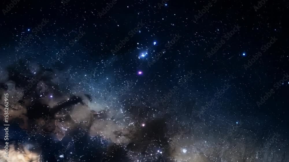 Detailed view of starry night sky with nebulous cloud formations, star clusters, and cosmic dust against deep blue interstellar space Detailed view of starry night sky with nebulous cloud formations, star clusters, and cosmic dust against deep blue interstellar space
