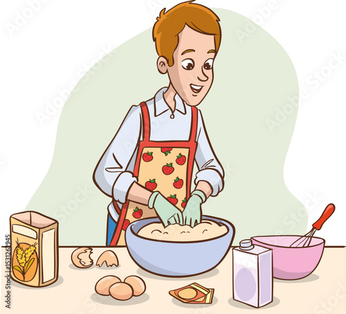 Vector illustration of man making cake or bread in the kitchen