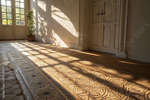 Warm Sunlight Beams and Shadows on Textured Floor on White Background