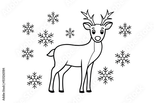 Cute reindeer line drawing winter snowflakes christmas