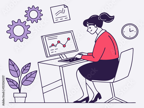 Minimalist concept of woman in red sweater working with data and business reports