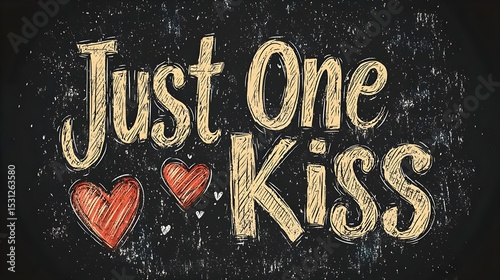 Charming handwritten script that reads Just One Kiss with playful doodle hearts. Presented on a distressed chalkboard background, this illustration captures a whimsical and romantic vibe.