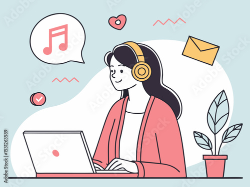 Creative female freelancer working remotely with cozy desk setup and social interaction icons