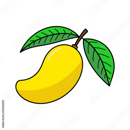 Single yellow mango with green leaves illustration