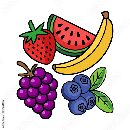 Cartoon illustration of fresh fruits watermelon strawberry banana grapes blueberries