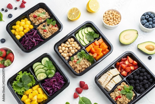 Colorful Assortment of Healthy Foods in Black Meal Prep Containers on White Background