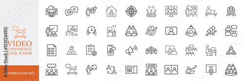 Big set of video conference line icons. Meeting, online, live, call etc. Editable stroke