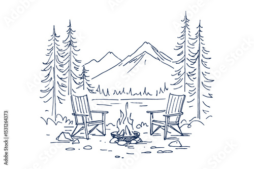 Campfire and chairs in forest mountains sketch vector illustration