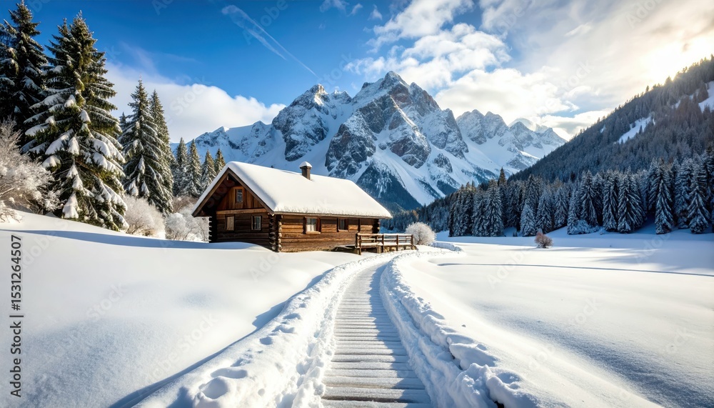 Fototapeta premium Serene Pathway Leading to Secluded Cabin Surrounded by Snowy Mountains