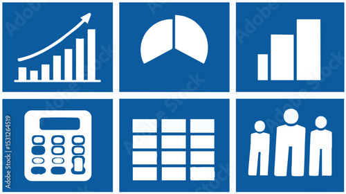 Six blue squares show finance icons growth chart pie chart graph calculator grid and people
