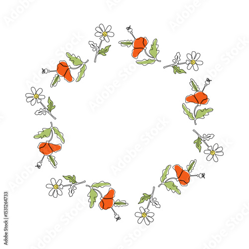 Plant, flowers. Meadow poppy, chamomile. Banner, round frame with space for text. Drawing one line. Vector illustration. Natural background.
