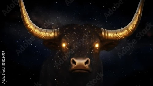 Cosmic bull, dark background, golden horns, glowing eyes, celestial dust