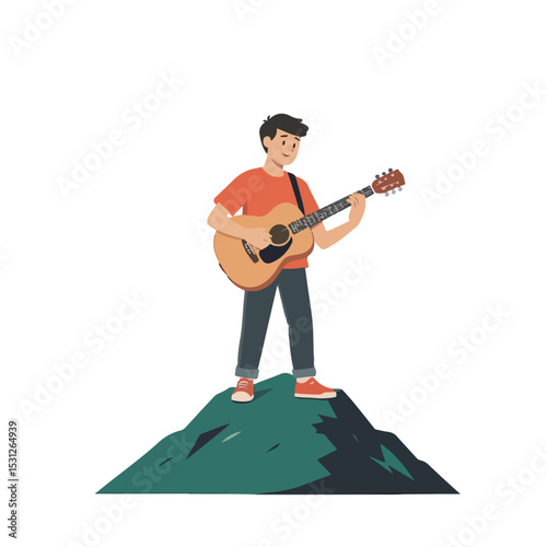 A teenager is playing guitar on a mountain with a simple and minimalist flat design using a white background.