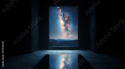 Dark room overlooking a majestic Milky Way galaxy nightscape