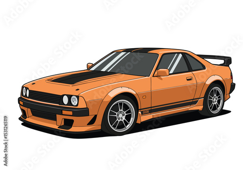 Orange sports car with black stripes isolated on white background showcases a sleek design and powerful stance