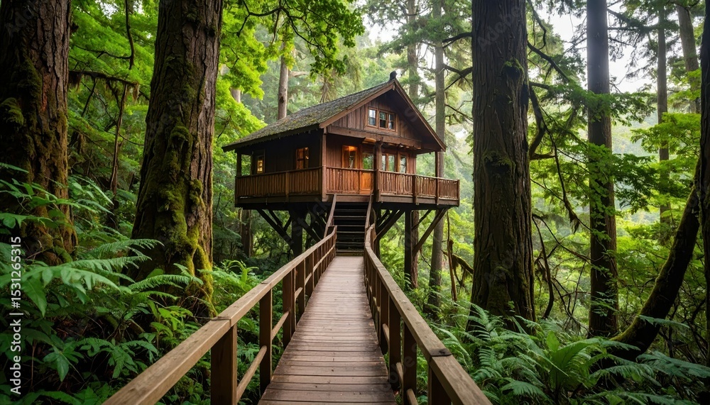 Fototapeta premium Serene Pathway Leading to Secluded Treehouse Among Lush Forest Canopy