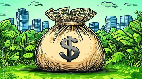 Money bag amidst lush greenery and cityscape