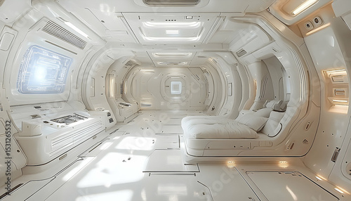 Sleek, white futuristic interior with rounded walls, a bed, and a window displaying a bright light