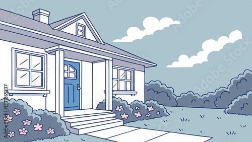 A pastel-toned illustration of a charming suburban house with a front porch and landscaping.