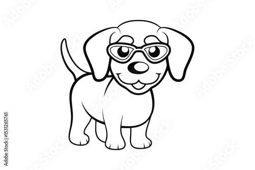 Adorable cartoon puppy dog line drawing wearing glasses