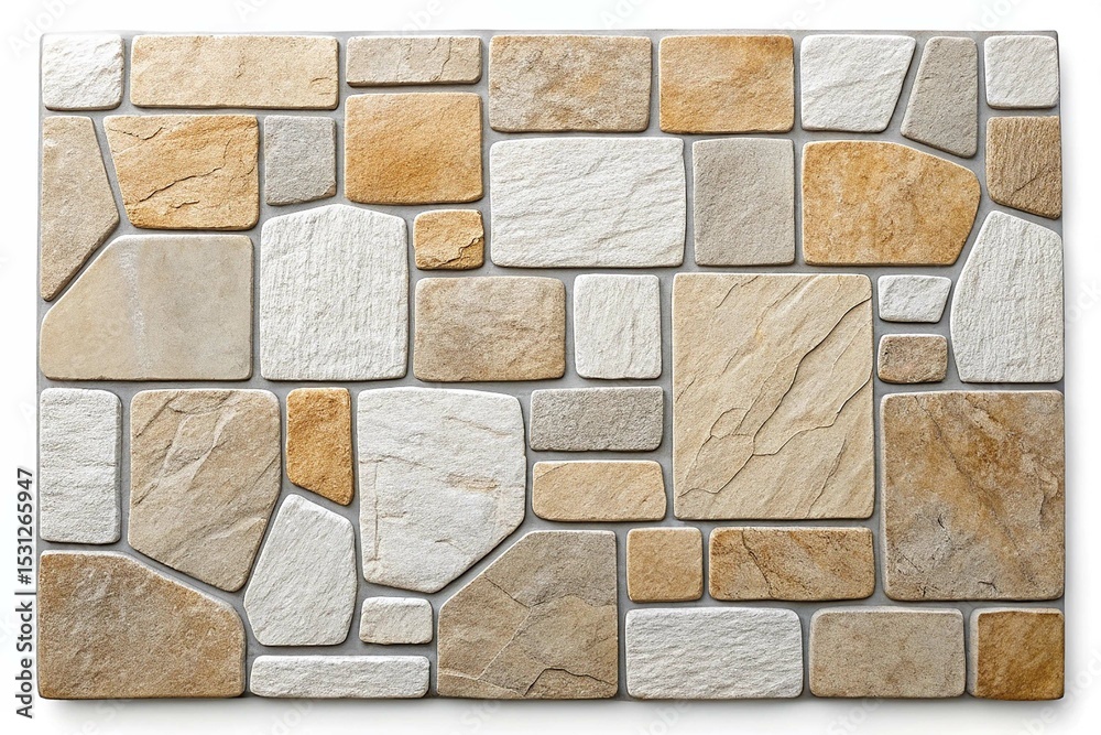 Fototapeta premium Textured Stone Tile Wall: Neutral Tones and Irregular Shapes on white background