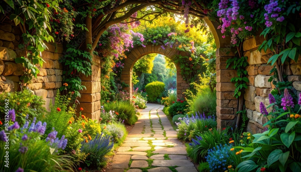 Fototapeta premium Enchanted Pathway Leading to a Secret Garden Behind a Stone Wall