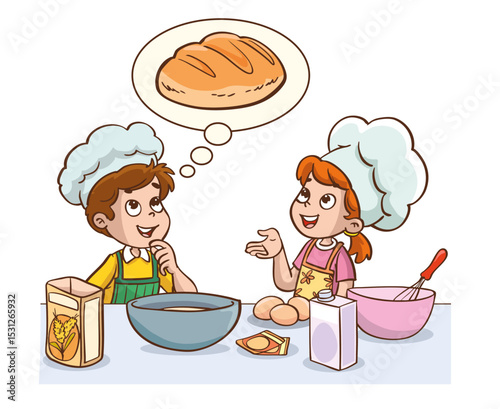 Vector illustration of kids making cake or bread in the kitchen