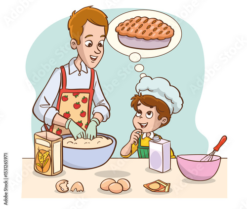 Vector illustration of father and children making cake or bread in the kitchen