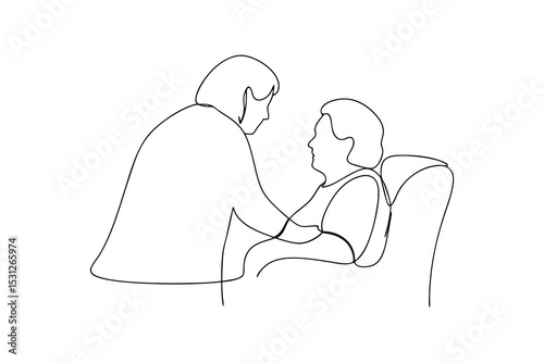 Woman cares for elderly person line drawing illustration