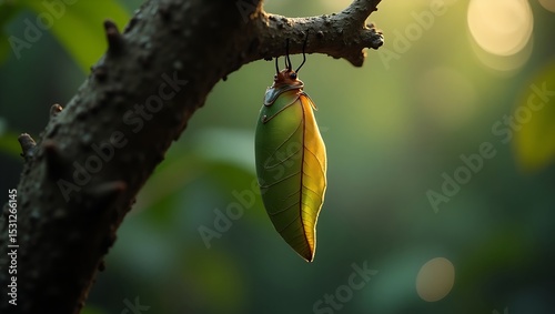 A green and gold butterfly pupa hangs suspended from a rough tree branch with detailed bark and soft natural light.
