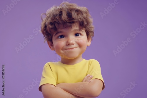 Smiling young boy with curly hair strikes a confident pose in front of a vibrant purple backdrop during a playful moment