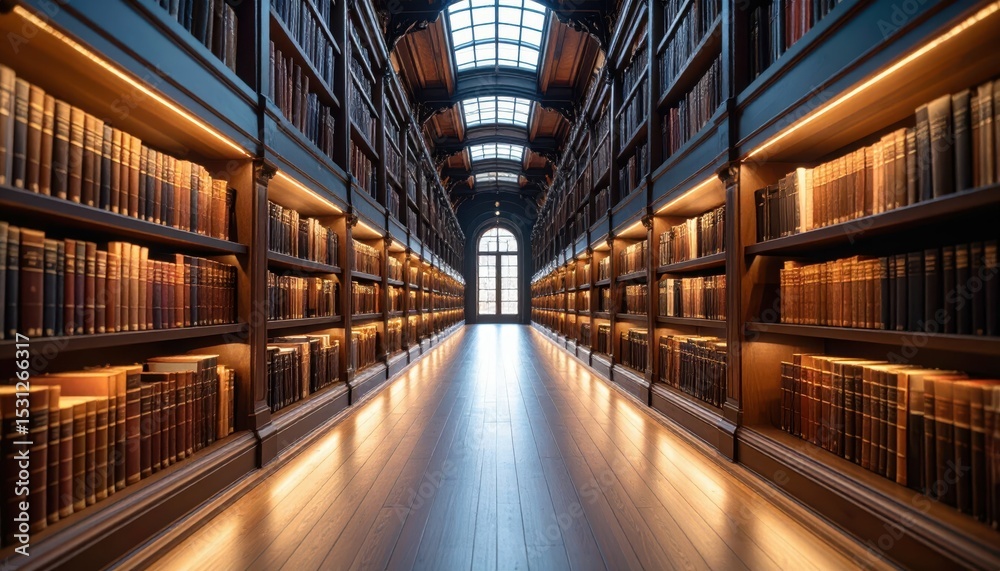 Fototapeta premium Magical Library Pathway with Endless Shelves and Cozy Lighting