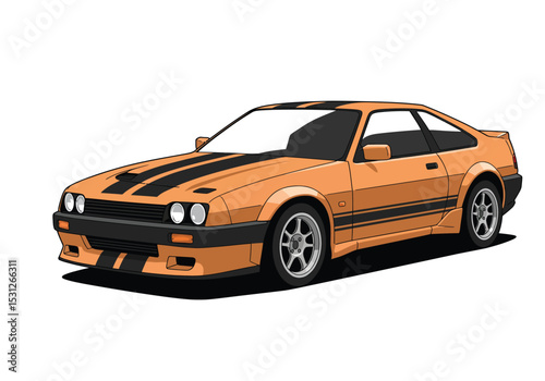 Red sports car with black stripes isolated on white background showcases a sleek design and aerodynamic features for high performance driving