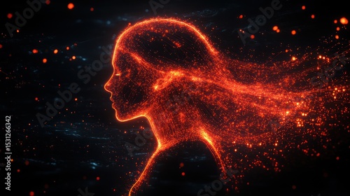 Silhouette of a woman, fiery hair, dark background
