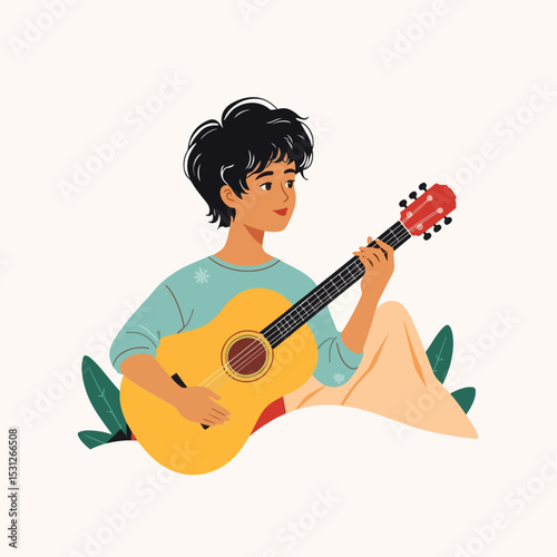 A teenager is playing guitar on a mountain with a simple and minimalist flat design using a white background.
